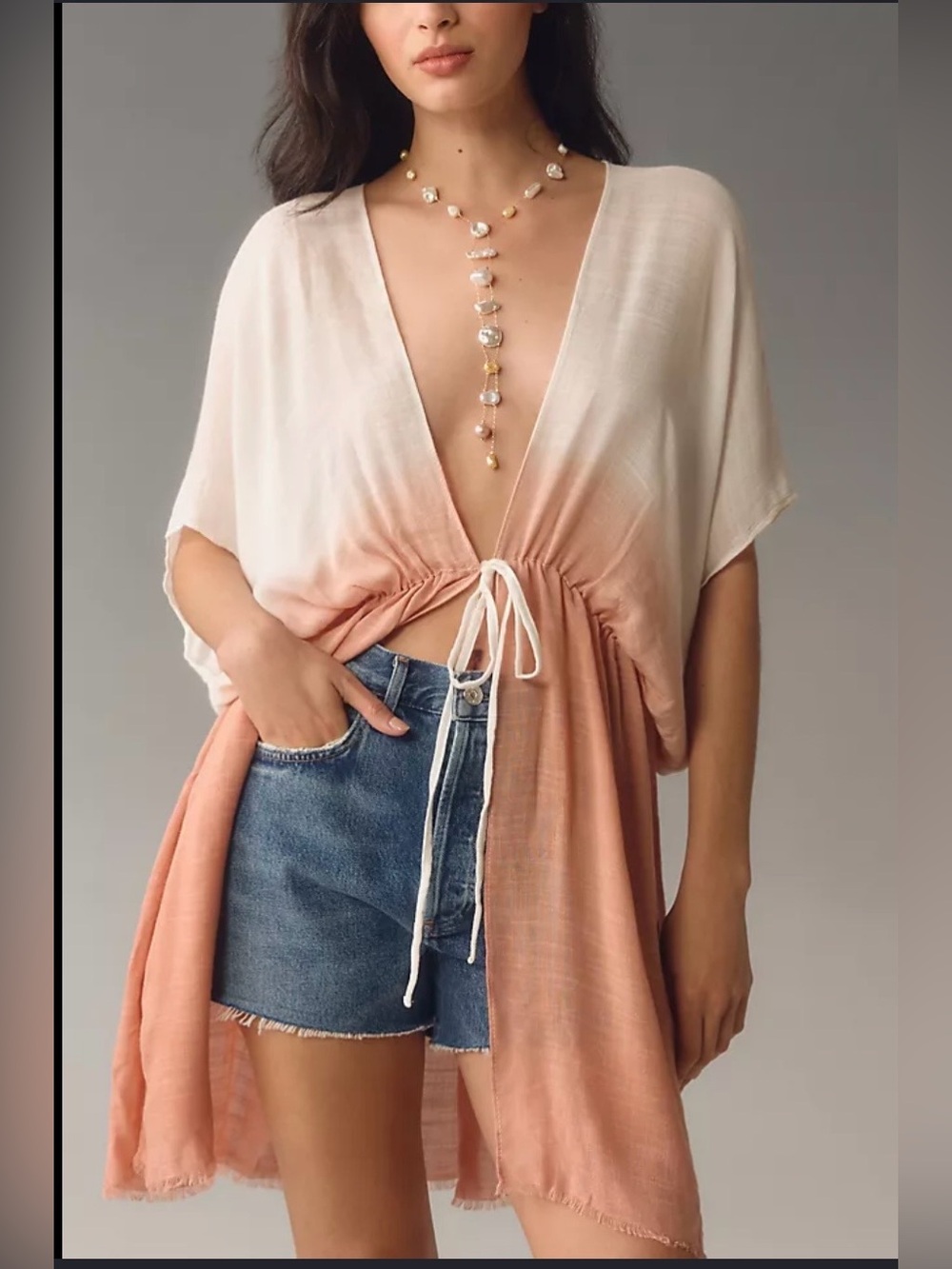 Anthropologie Ombre Tie-Front Duster/Kimono Top in Cream to Peach OS